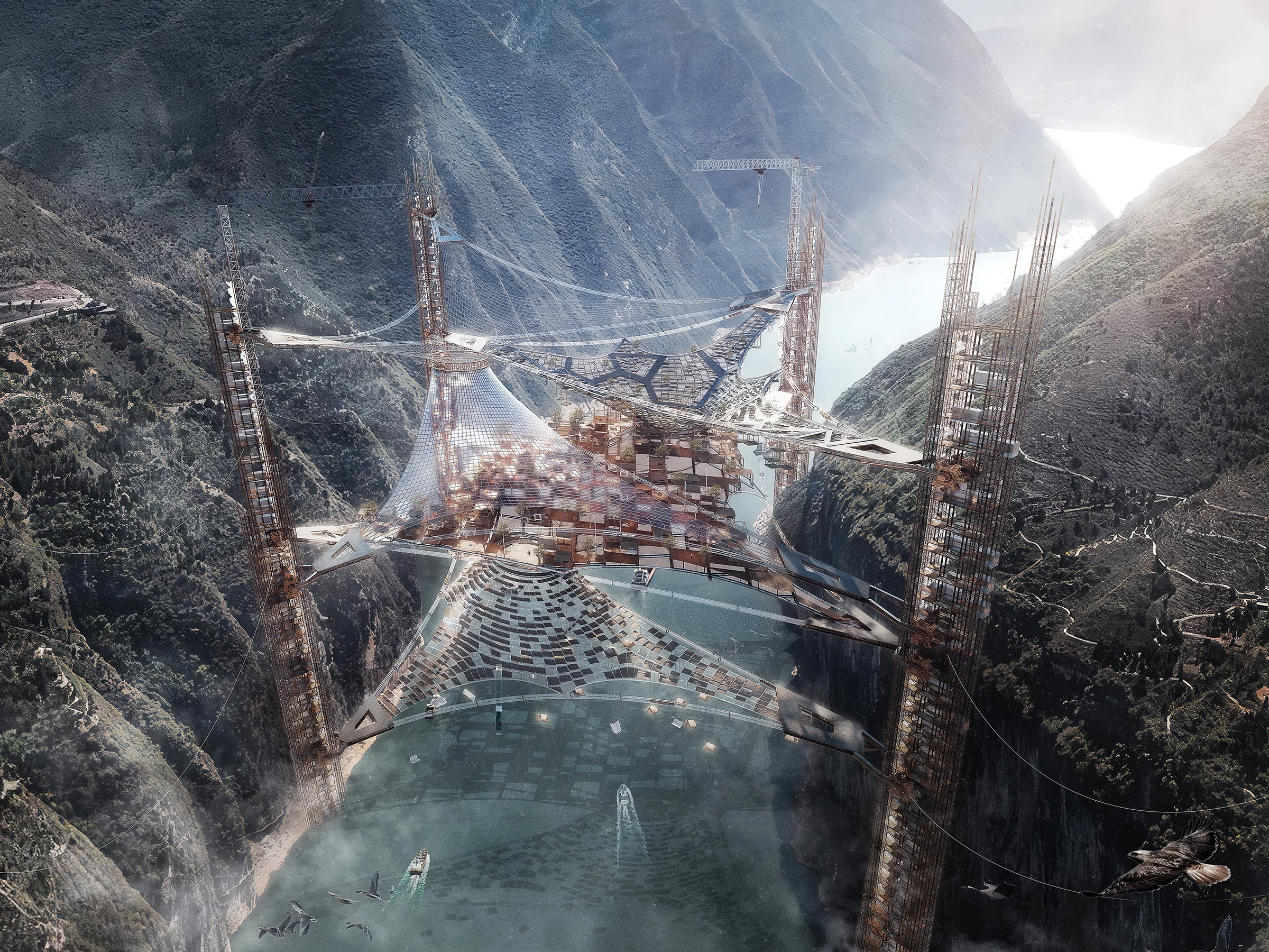 Cloud Net Above The Three Gorges was designed by Zhengsheng Pu, Bingrui Liu, Jingxiang Hong, Yunqian Wang, Yujie Feng and Kehan Sun. It proposes mitigating the ecological damage caused by the Three Gorges reservoir in China with a high-rise structure that incorporates fog collection and water harvesting