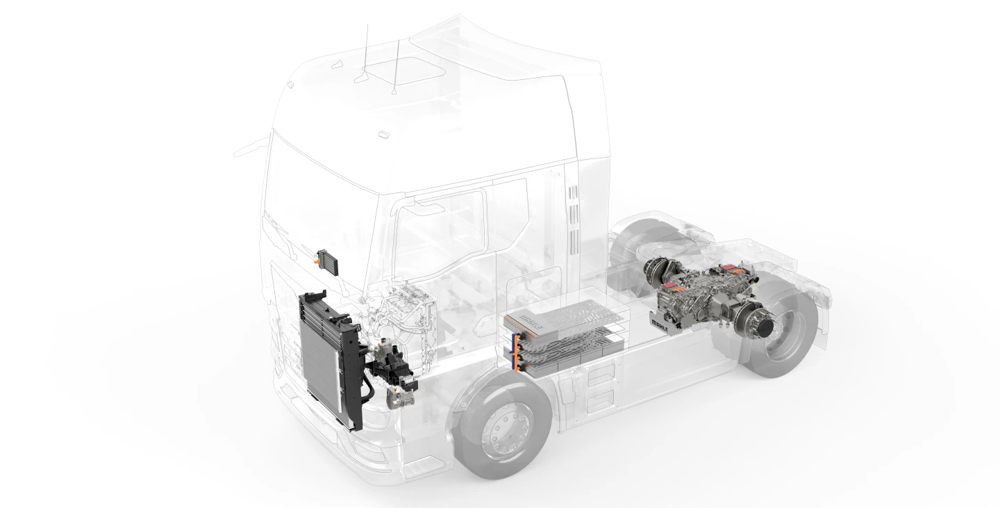 At the IAA Transportation 2024 show in September, Mahle exhibited a mockup of its full fuel cell drive system that included a fuel cell and supporting hardware, thermal management setup (fan and battery cooling), complete liquid management system, and HD electric axle with two SCT electric motors worth 697 hp