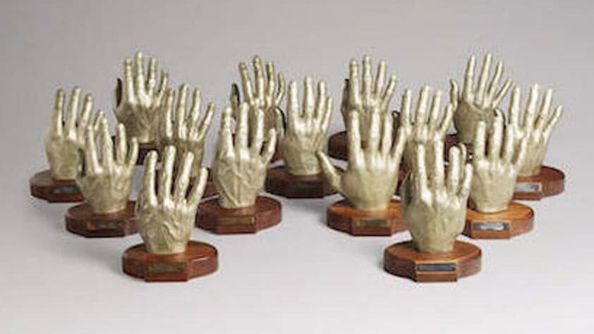 Plaster casts of astronauts' hands for spacesuit glove fittings