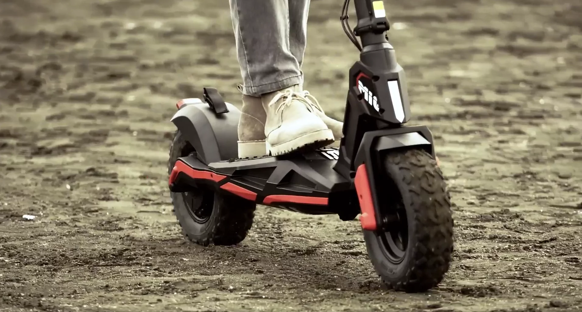 The Mig e-scooter rides on 10x4-inch fat tires