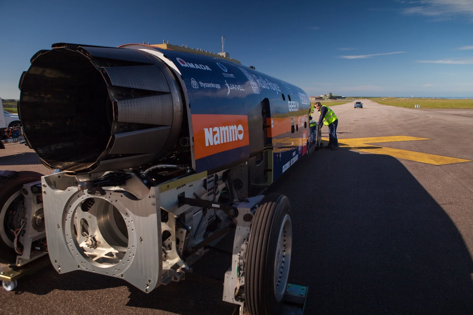 The car was initially fitted with a jet engine for this first run but an additional rocket is being developed to get it going even faster
