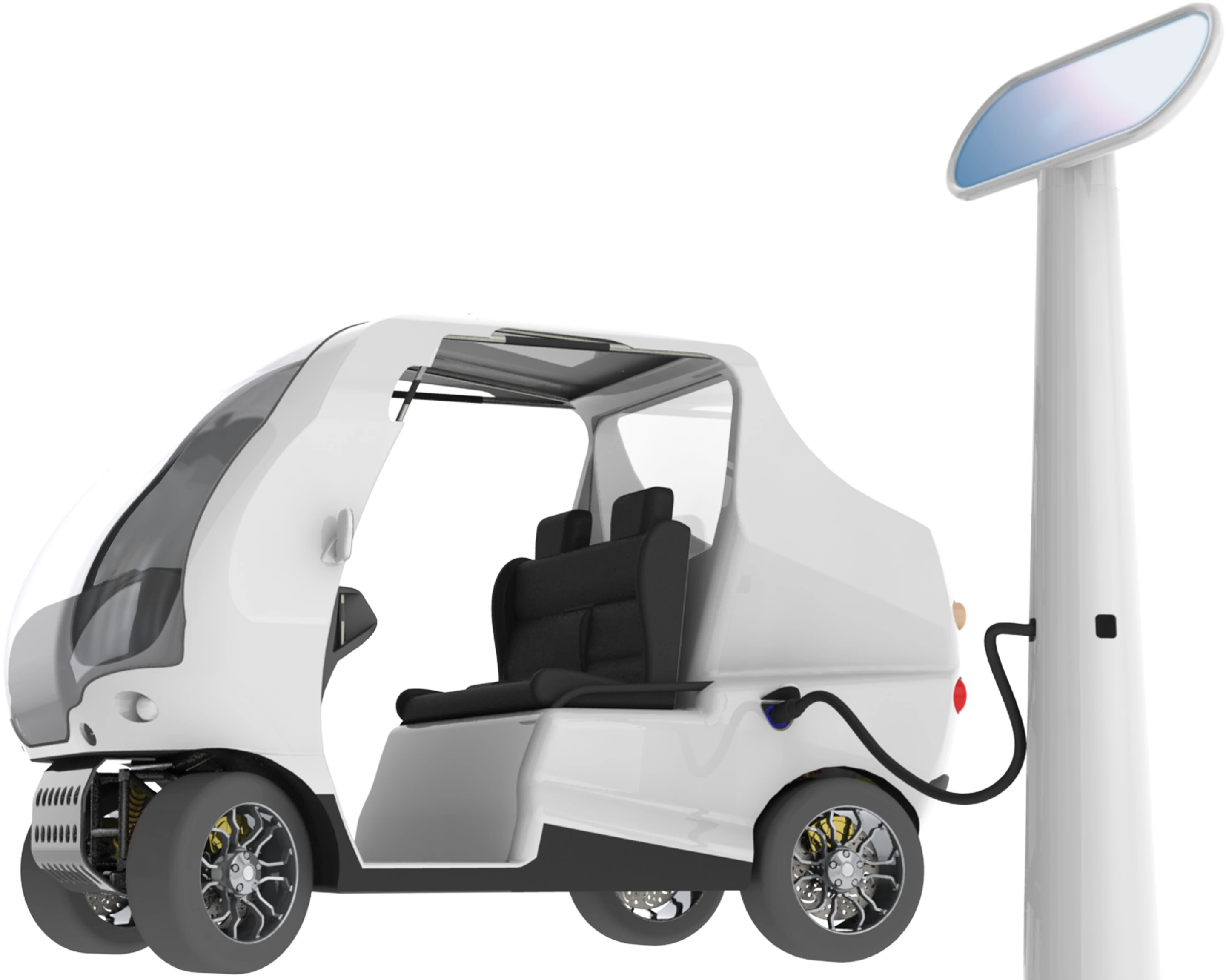 The designer proposes that vehicle's batteries get a quick top up from a solar charging station and get their main (probably overnight) charge from a 48V DC battery charger