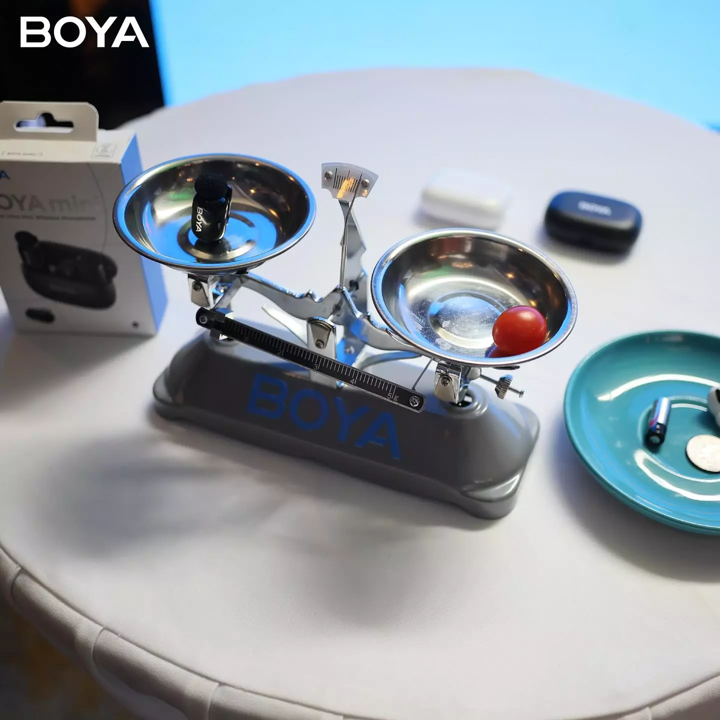 The Boya mini wireless microphone appears to be lighter than a cherry tomato at the global launch in Jakarta, Indonesia, this week