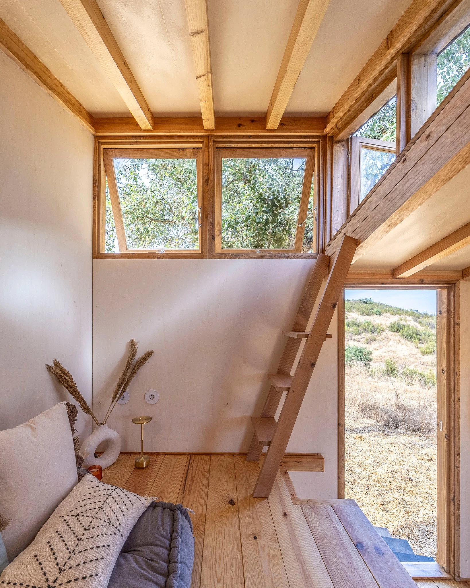 The Terra m3_Tiny House's rooftop terrace is accessed via steps from the living room