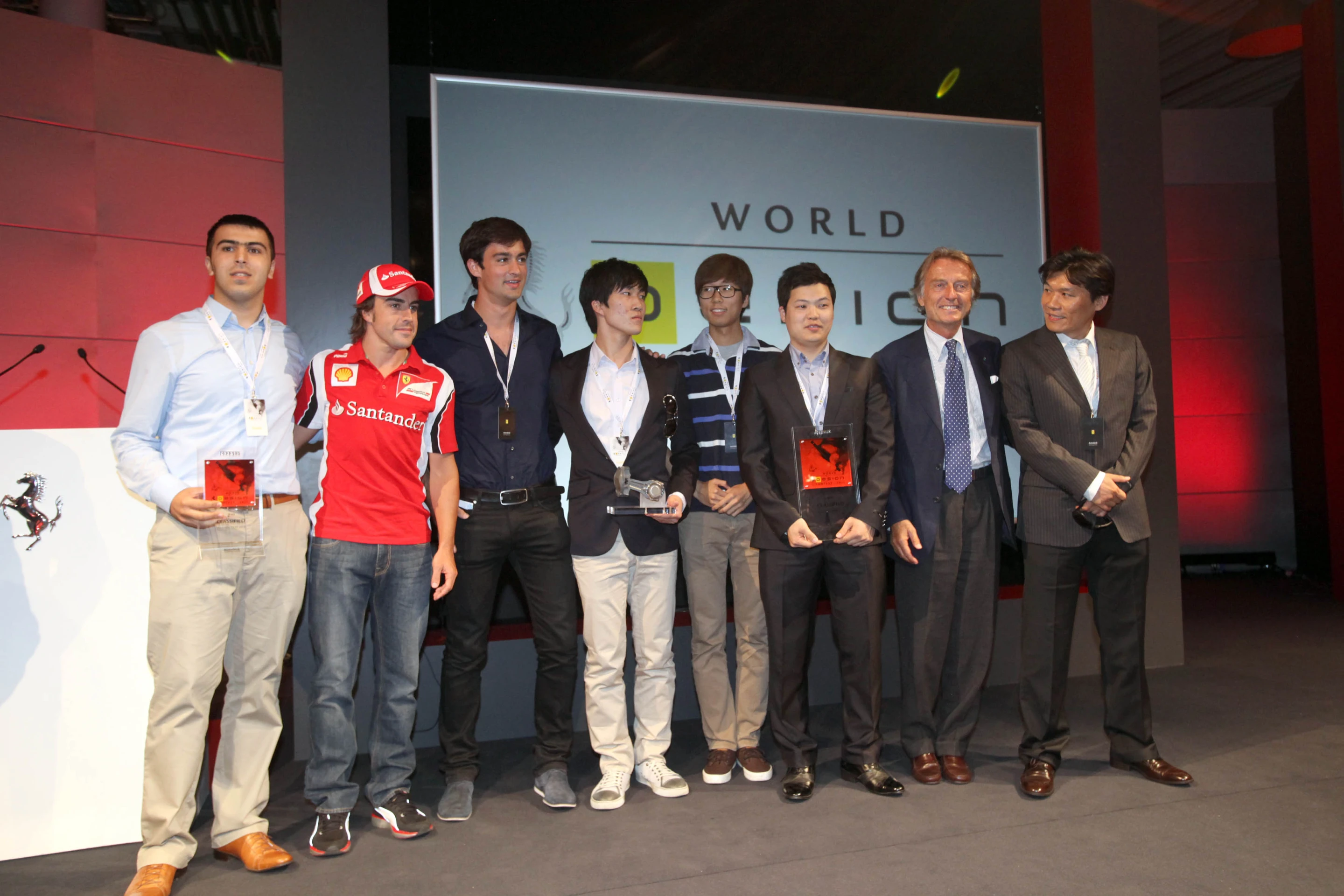 The three finalists of the 2011 Ferrari World Design Contest with Fernando Alonso and Luca di Montezemolo