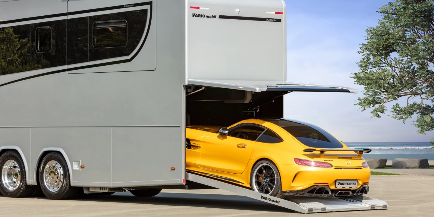 Forget towing: the rear garage of Variomobil and other top-end European luxury motorhomes is always an intriguing feature