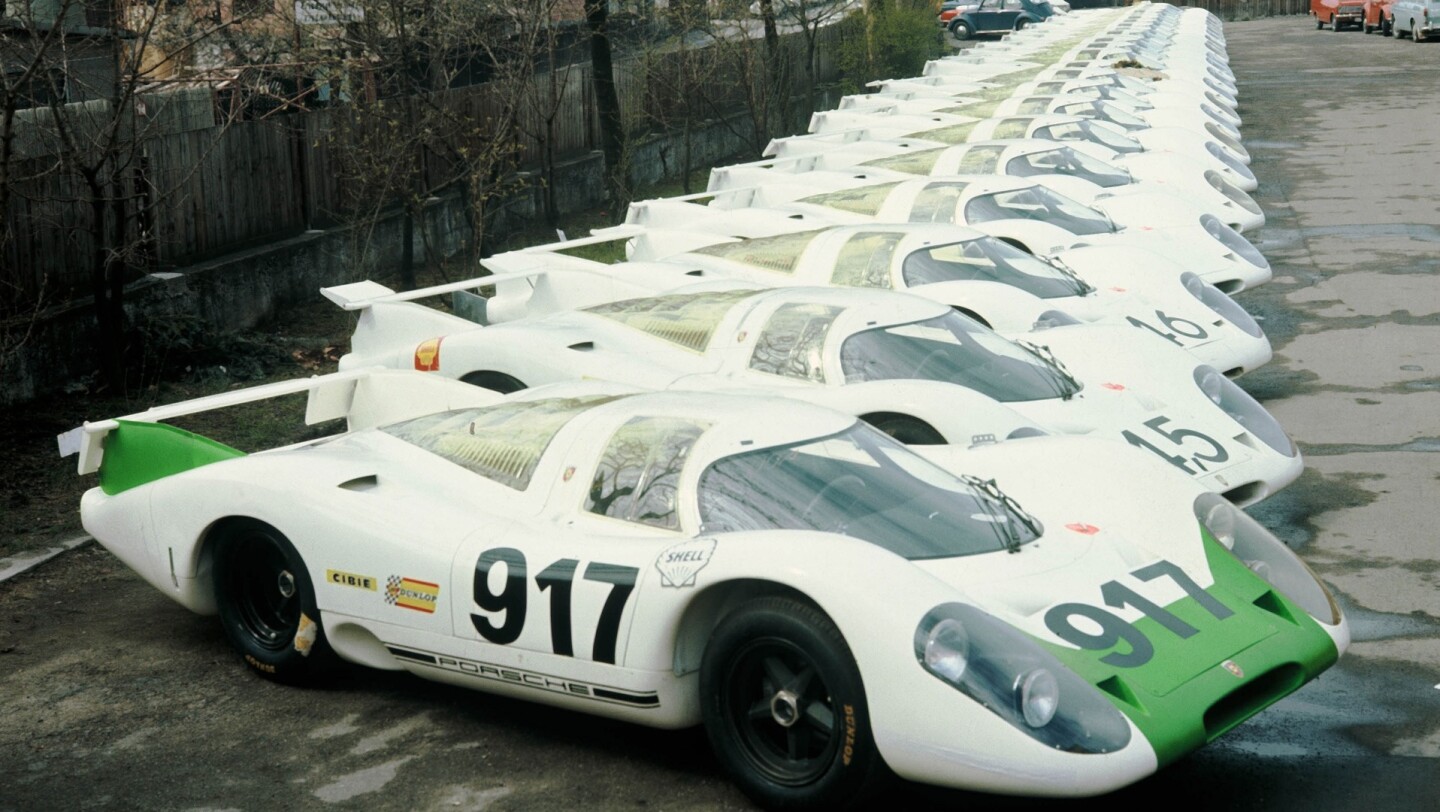 The first edition batch of 25 Porsche 917s lined up in 1970