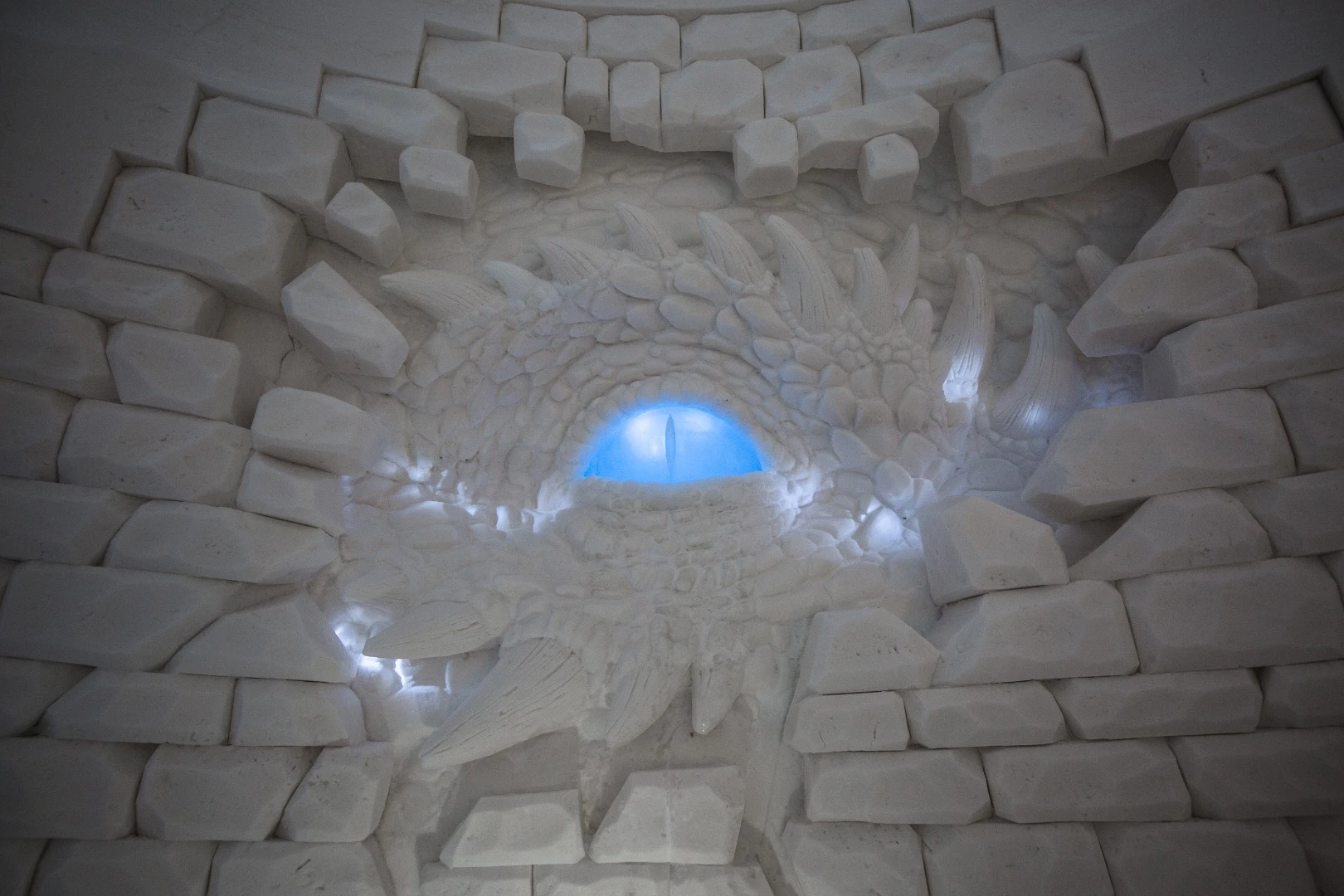 A closeup of the SnowVillage's glowing dragon eye
