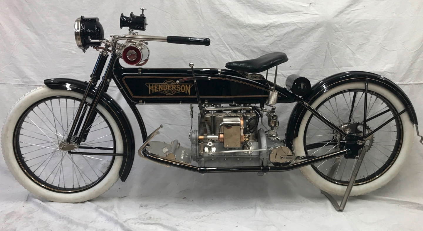 As close to a perfect restoration as you will see. As the auction description notes, "22 coats of hand rubbed lacquer paint. Extensive hand painted pin striping. Every nut and bolt is period correct original nickel plated." This "picture perfect" 104-year-old Henderson sold for $93,500.