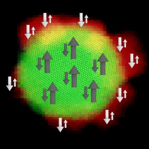 A representation of antiferromagnetic coupling superimposed over an image a map of electronic energy loss spectroscopy (EELS), shows the quality of the interface with a coherent increase between the two phases