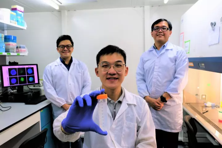 Members of the research team behind the new nanoparticle, from left to right, Assistant Professor Dalton Tay, Research Associate Kenny Wu and Associate Professor Tan Nguan Soon