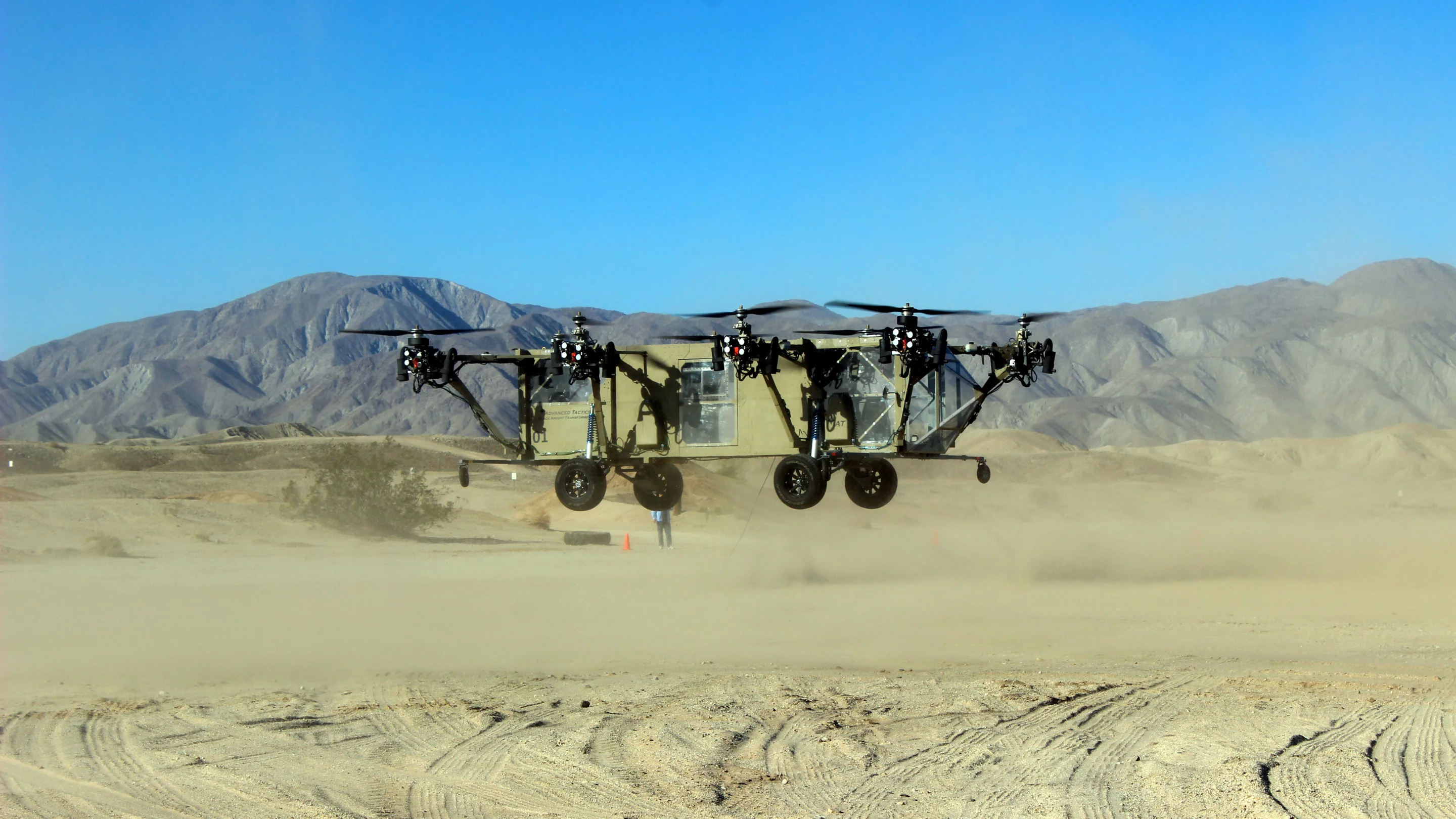 The AT Black Knight Transformer during its first flight demonstrating a stable and controlled hover