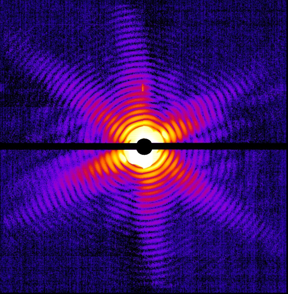 X-ray diffraction pattern of a single Mimivirus particle imaged at the LCLS (Image courtesy Tomas Ekeberg, Uppsala University.)