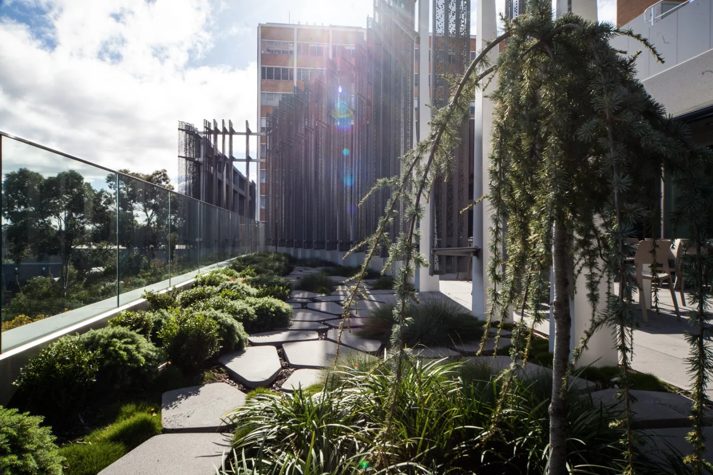 Alongside the Japanese classroom is a quaint rooftop Japanese garden that overlooks the university's Union Lawn