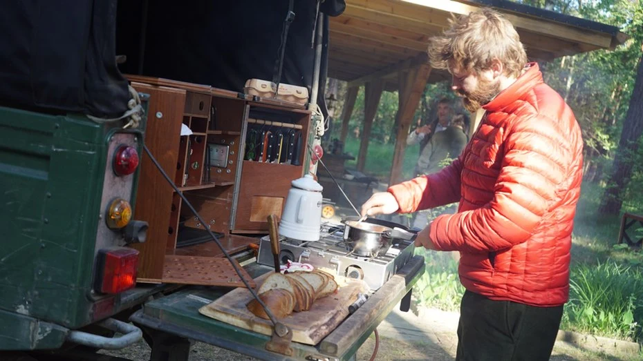 Cooking out of a Land Rover overland vehicle