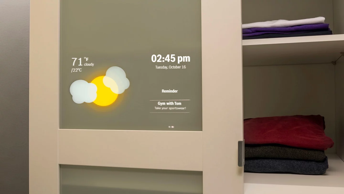 One use case is to project a screen onto the door of a wardrobe, which displays the weather and schedule of a user and suggests clothes as needed