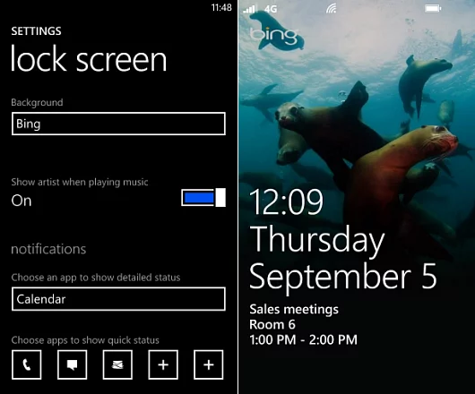 Here I've set the lock screen to display the Bing image of the day and calendar appointments