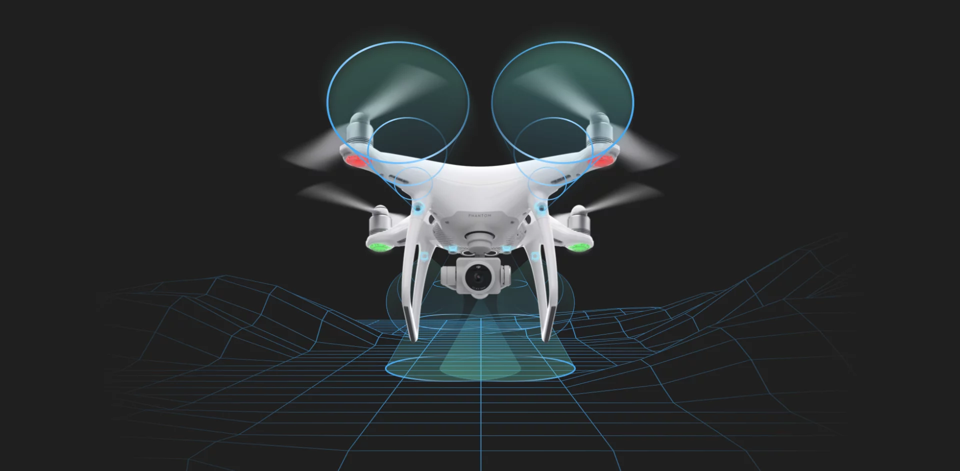 DJI Phantom 4 Pro: constantly scans its environment in 360 degrees plus downward to map out obstacles it might have to avoid on its homeward flight