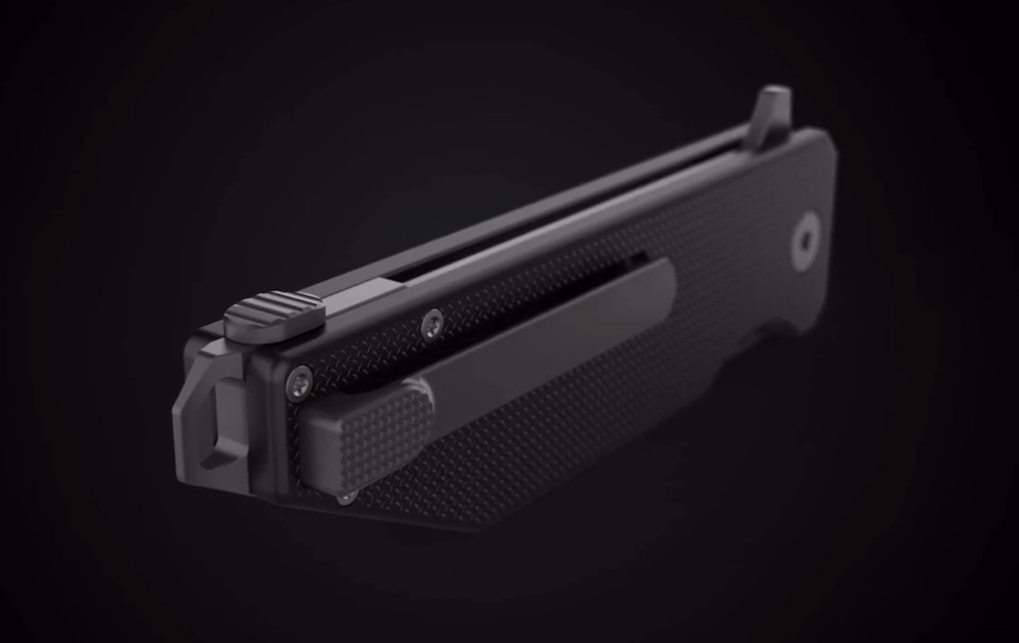With a slide of the button at the top in the rendering, the pocket clip emerges or gets pushed down flush with the handle