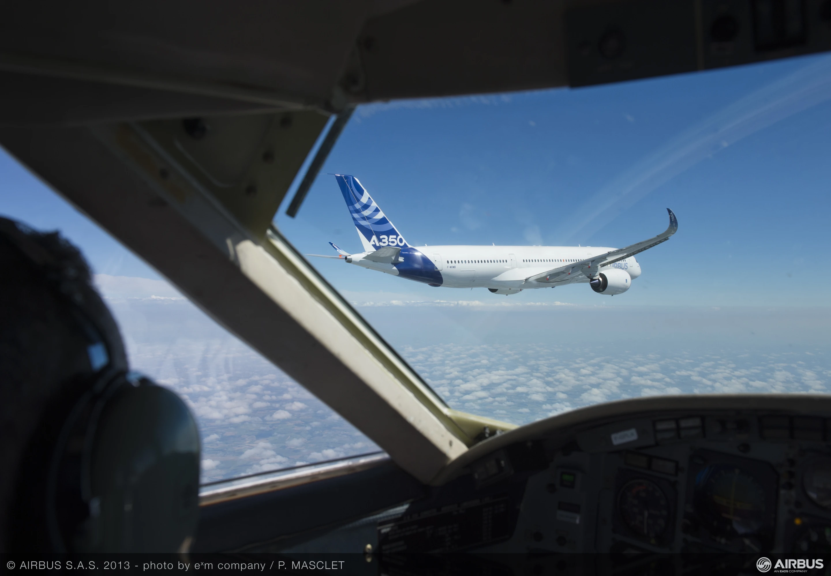 View from the chase plane that accompanied the Airbus A350 XWB on its maiden flight
