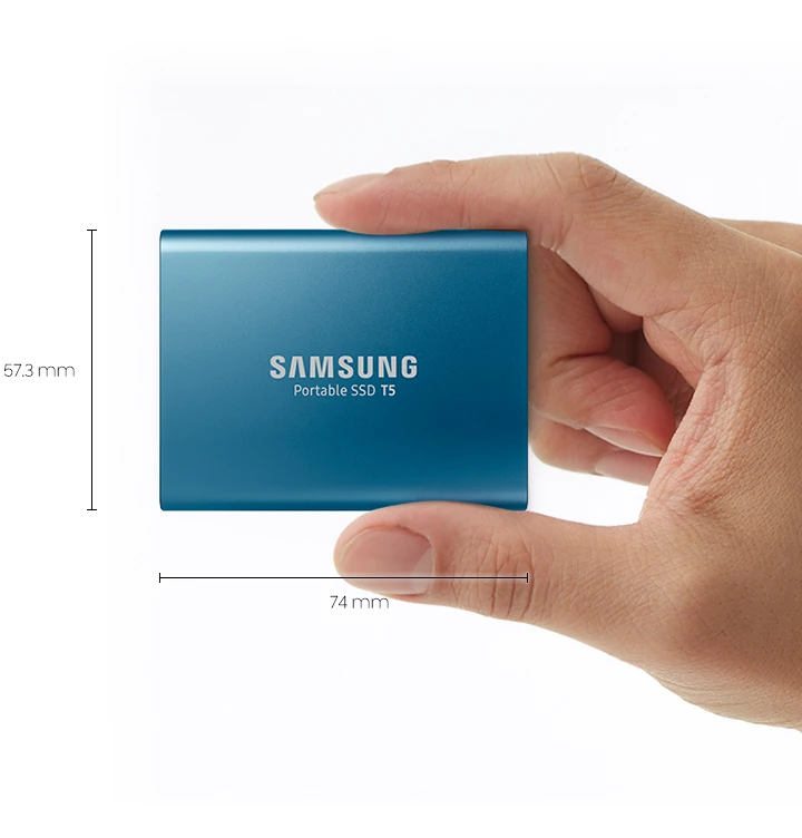 The T5 has about the same dimensions as a small stack of credit cards, at 74 x 57.3 x 10.5 mm