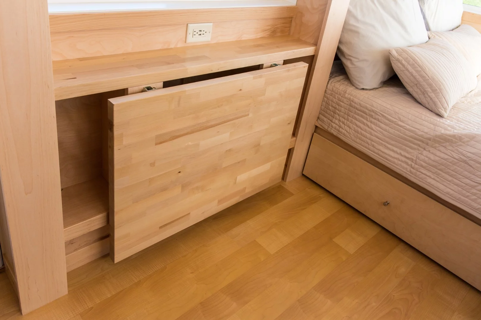 The fold-down butcher block table, folded down