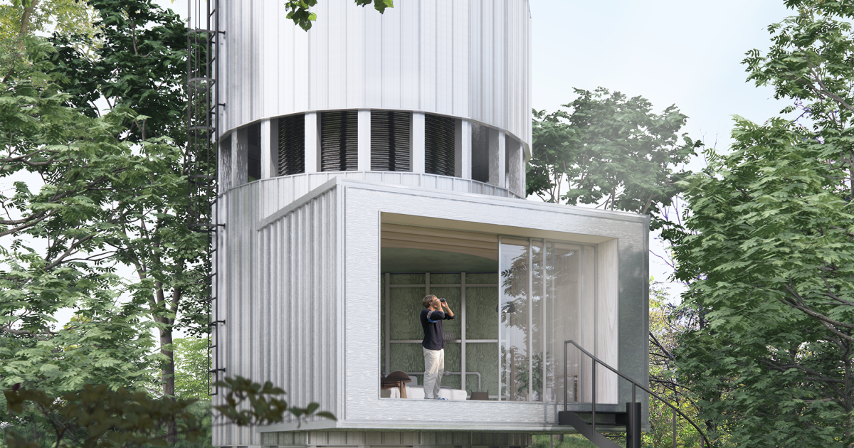 Rotating tiny house transforms rooms with theater-style platform