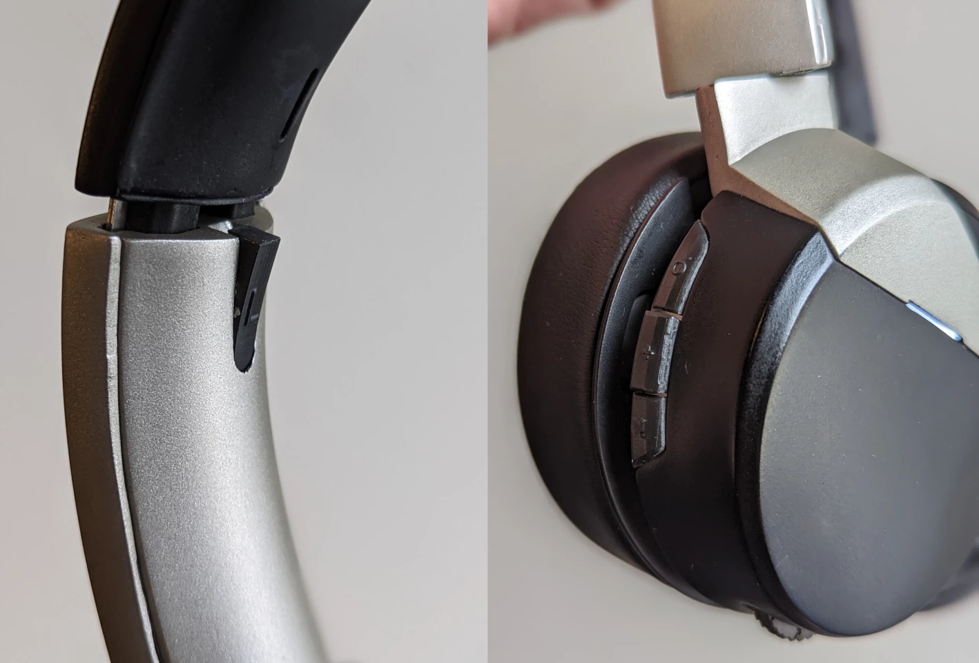 Left: that"L" insert is supposed to stay in. Right: those plastic buttons wouldn't do much for the overall feeling of quality even if they were even