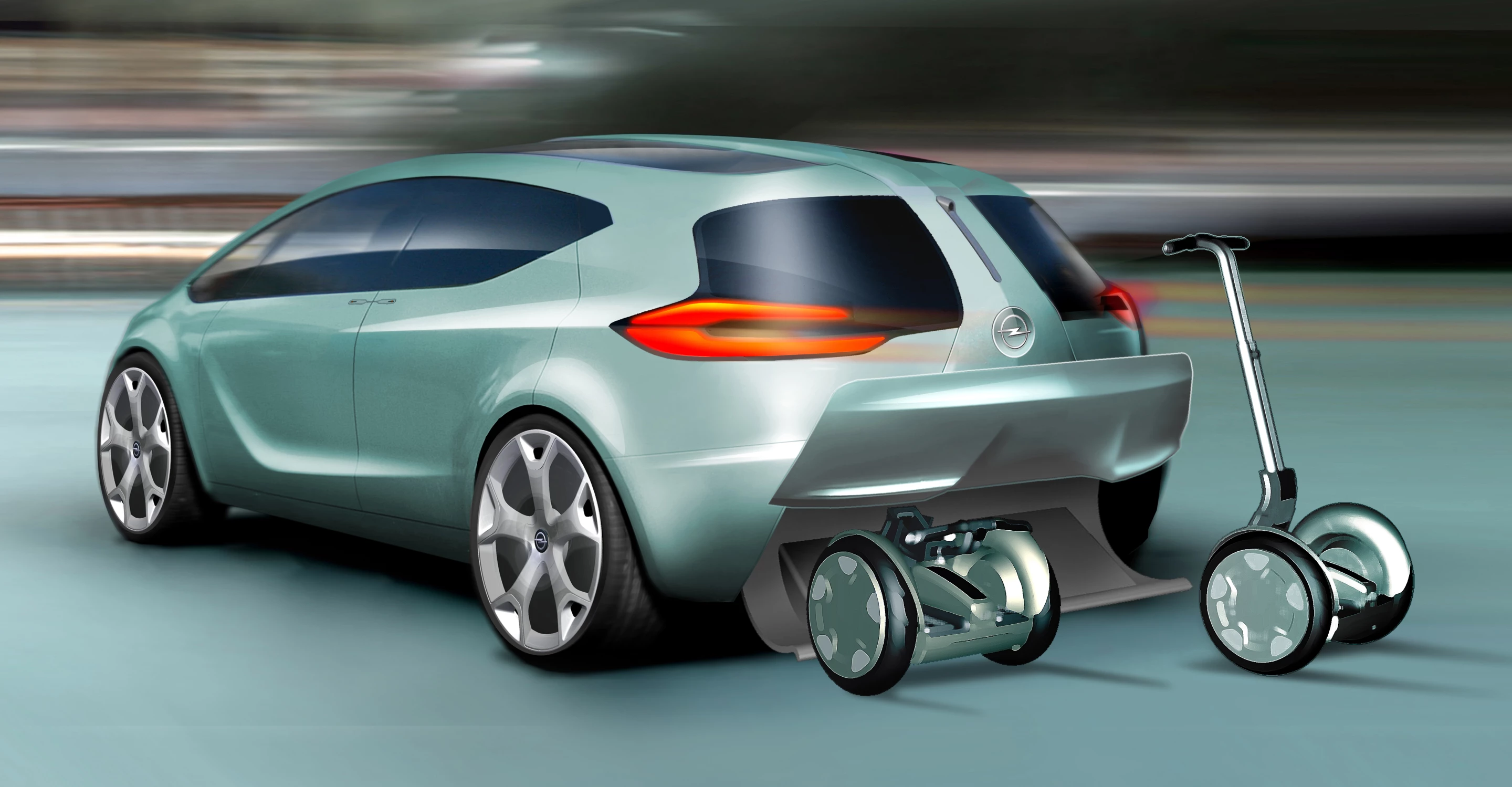 General Motors' Flextreme Concept from 2007 carried two Segways in tunnels under the car
