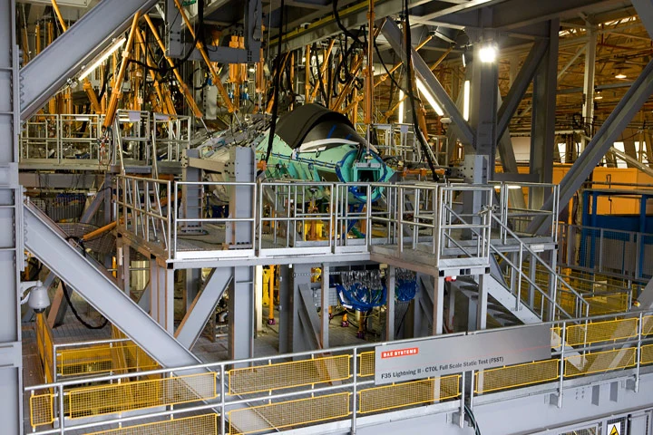 A Lockheed Martin F-35A Lightning II undergoes static testing at BAE Systems' Structural & Dynamic Test Laboratory