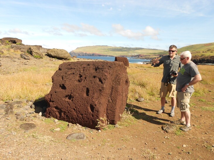 Study authors Carl Lipo (left) and Terry Hunt (right) examining a pukao on the ground
