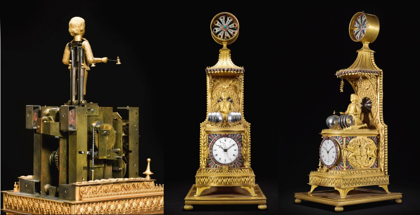 $1,520,633 | George III ormolu quarter striking musical automaton table clock c. 1790 | Auction House: Sotheby's | Sale price: US$1,520,633 | Official Estimate: US$300,000 to $500,000 | Date of sale: July 4, 2018