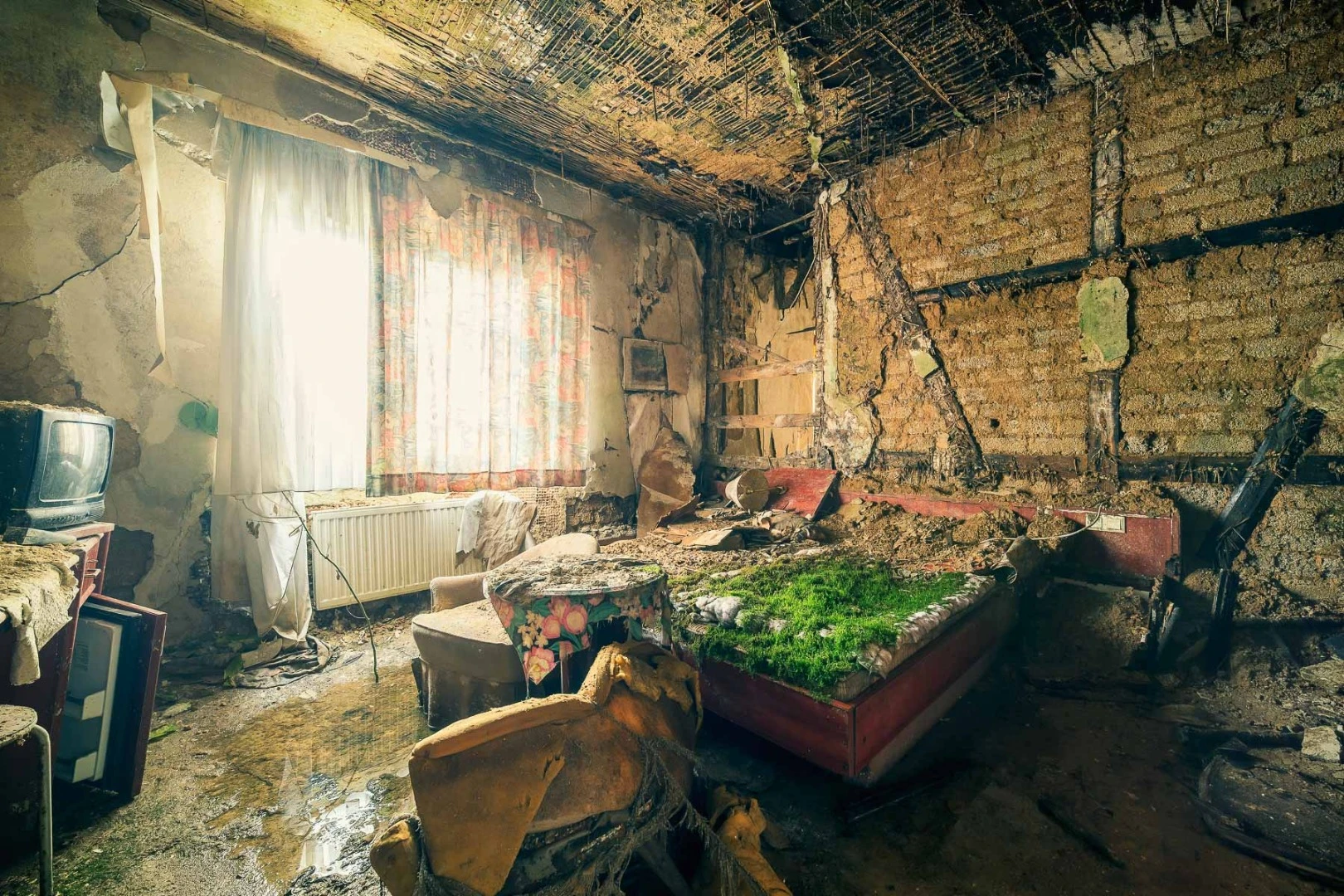 This hotel was abandoned following a major fire. Due to a leaky roof, nature has rapidly reclaimed the space. Lovingly it was also referred to as Hotel Moosbett among photographers. The building has recently been demolished