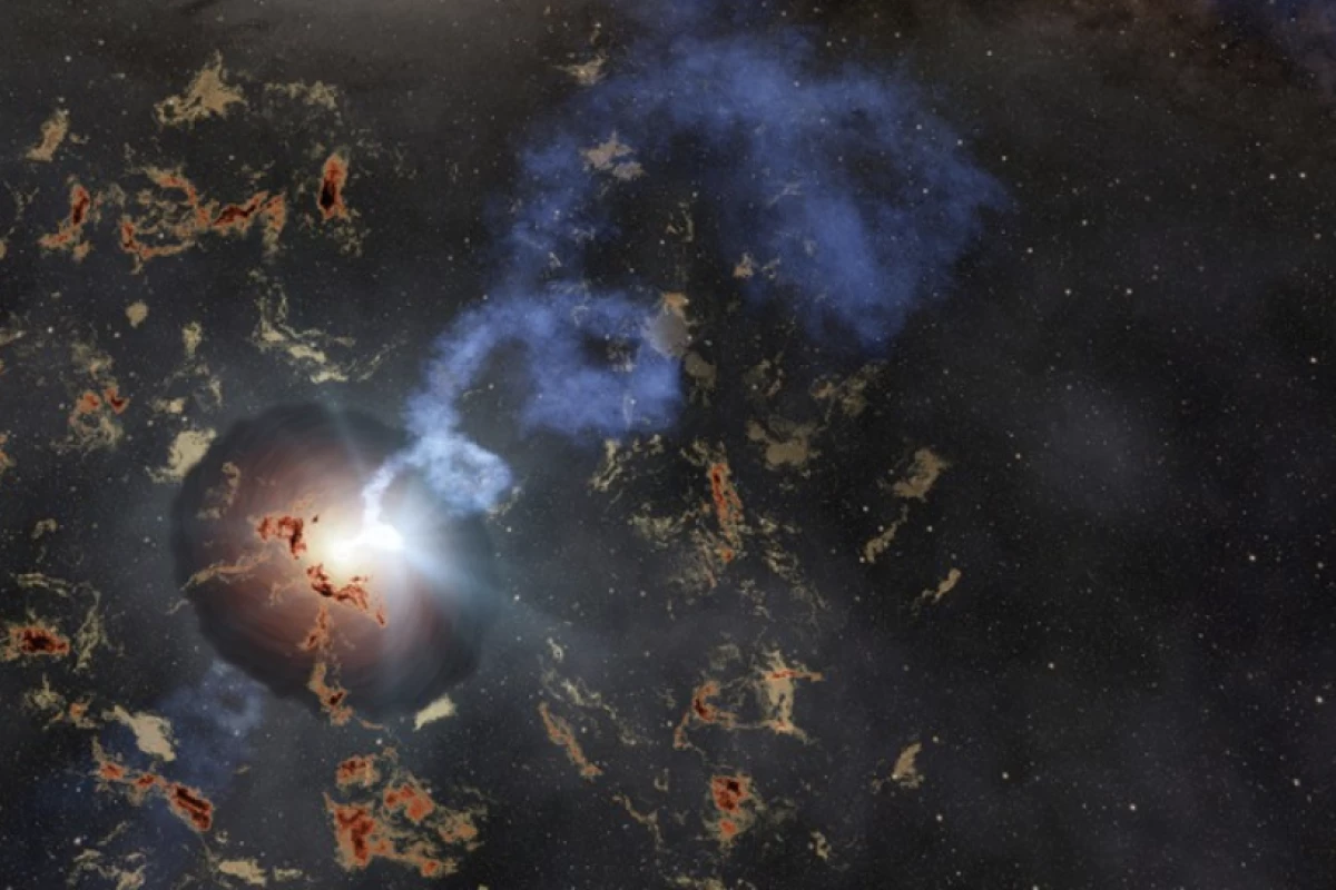 Artist’s representation of AT2022tsd, aka the Tasmanian Devil FLBOT event. The image shows one possible explanation – of a black hole accumulating matter and powering a jet