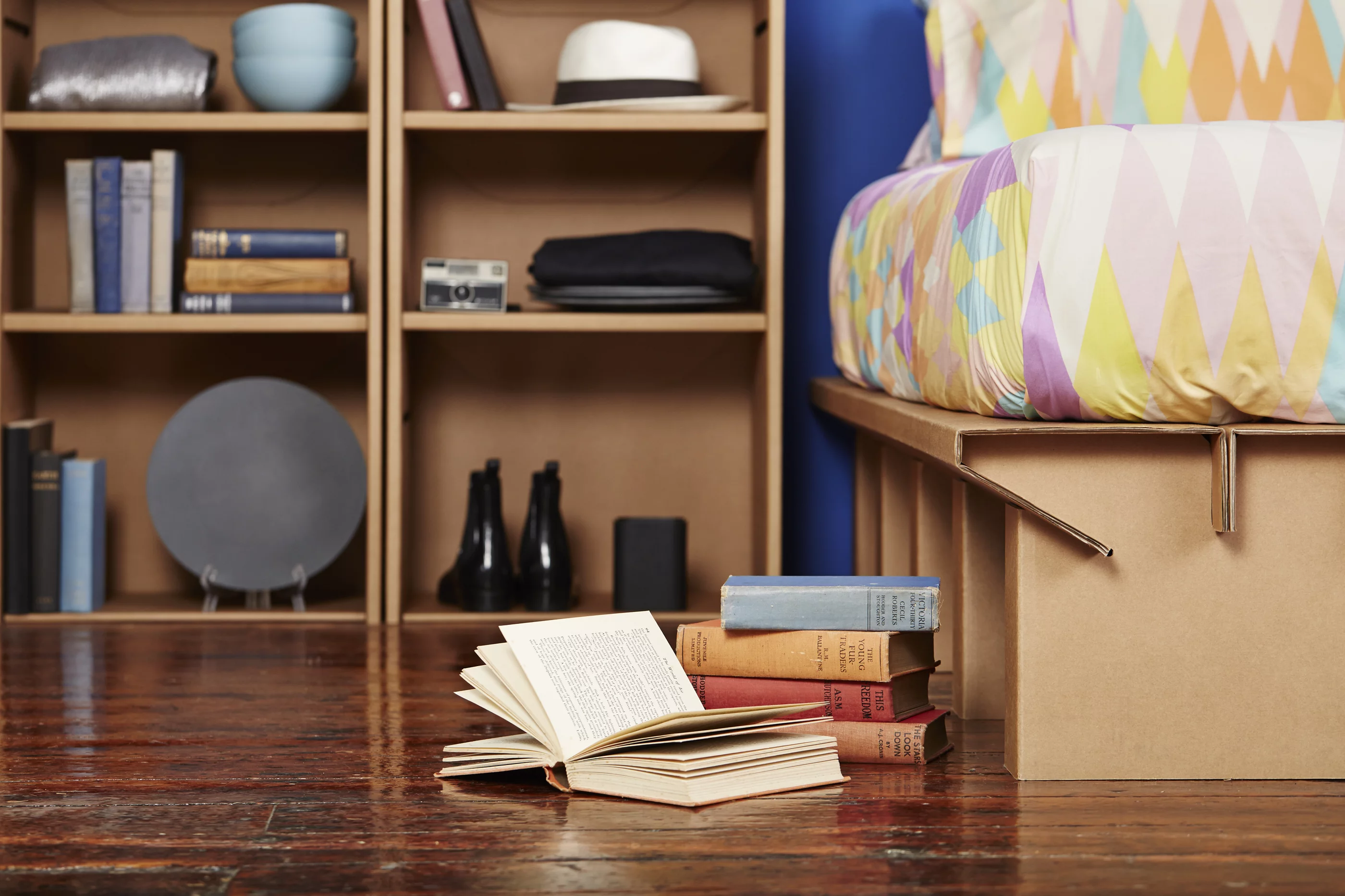 Each piece of furniture is delivered as a flat-packed paper stack and can be put together without any tools or glue