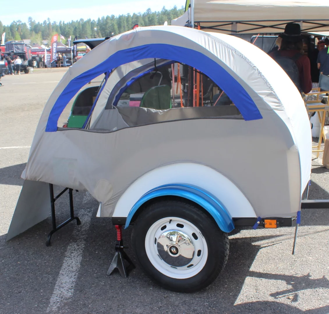 Inspired by classic Westfalia trailers, Glass Action's trailers haul luggage behind motorcycles. This $2,398 model includes the Lite Sleeper Tent Package, making it a proper motorcycle camper