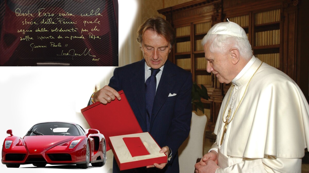 The 400th and final Enzo Ferrari was originally given to His Holiness Pope John Paul II by Ferrari. The Pope asked that it be sold and the proceeds donated to charity, which was done at Sotheby's single-marque Ferrari sale conducted at Maranello, Italy in June, 2005, fetching $1,282,987. The car subsequently became part of the famed Pinnacle Collection which sold at RM-Sotheby's Monterey Sale in August 2015. A decade after it first sold for $1.28 million, the final Enzo fetched $6,050,000.
