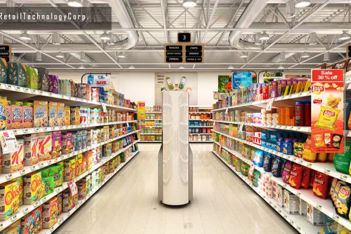 A back view of the 4D Space Genius, as it inspects the aisles