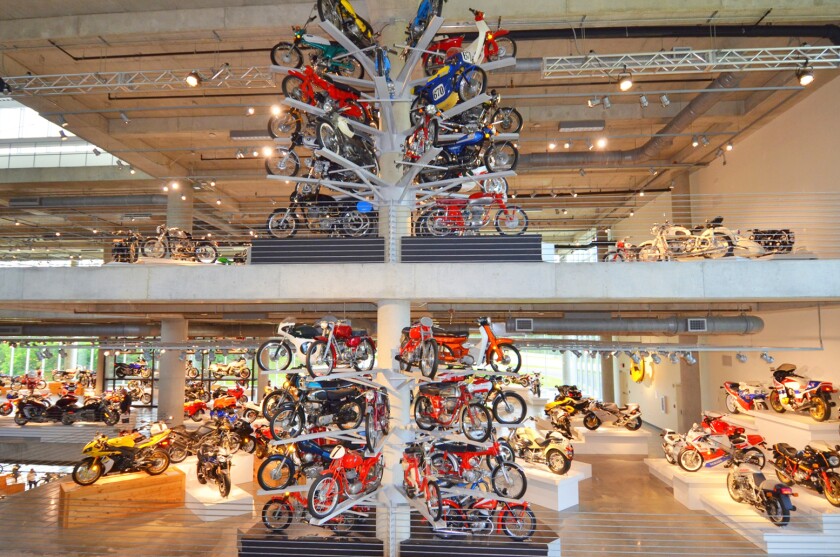 Unique displays include this tree of motorcycles that grows thru the floors