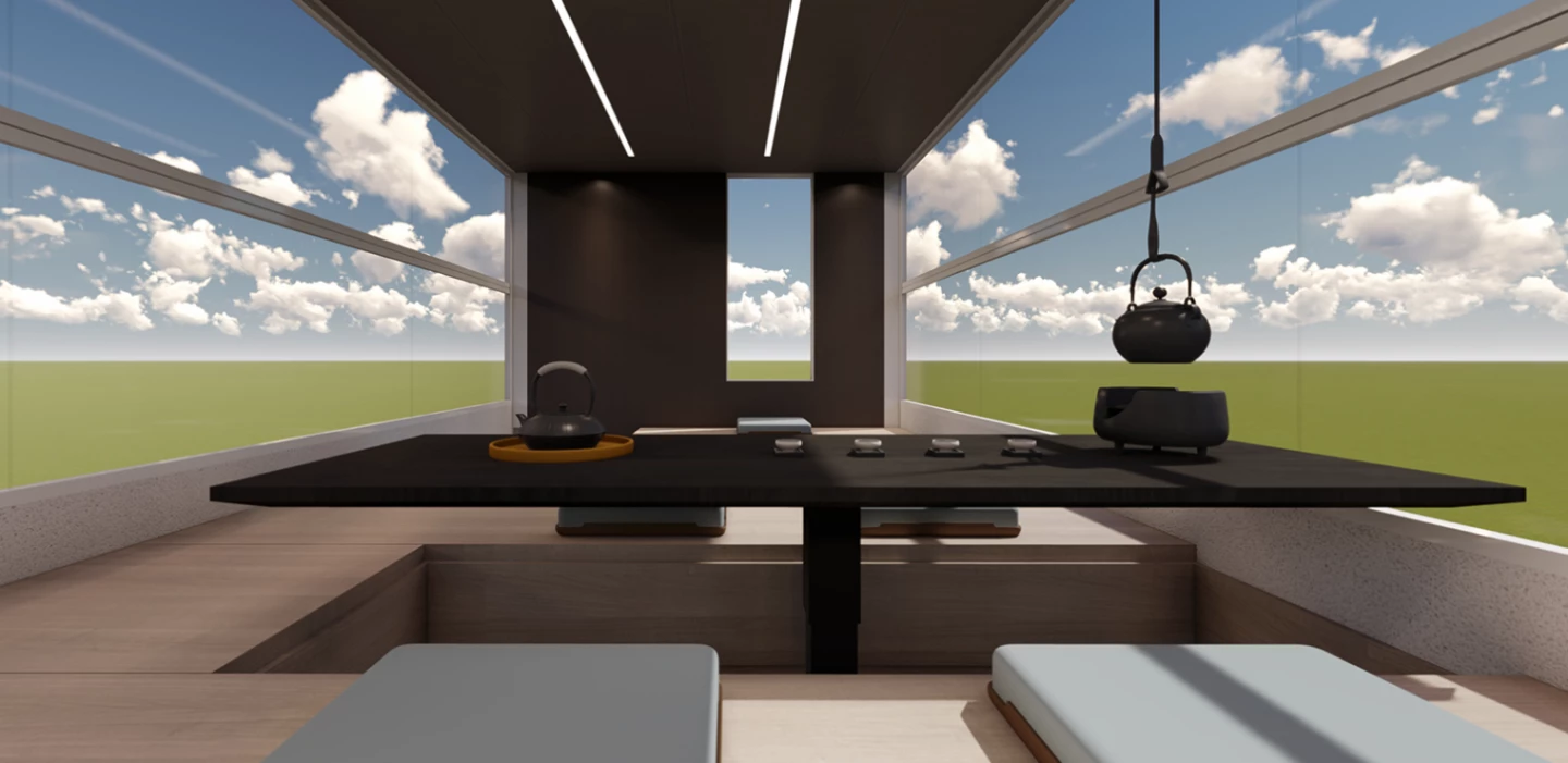 The upstairs of the SAIC Maxus V90 Life Home Villa Edition uses its glass design to offer a bright, scenic place to relax ... the hanging kettle shown here is a nice touch