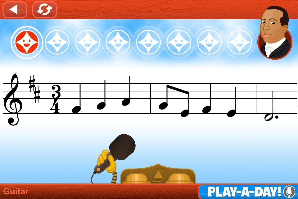Screenshot of the Play-A-Day game where the learner is asked to play a few simple phrases in time as well as in tune