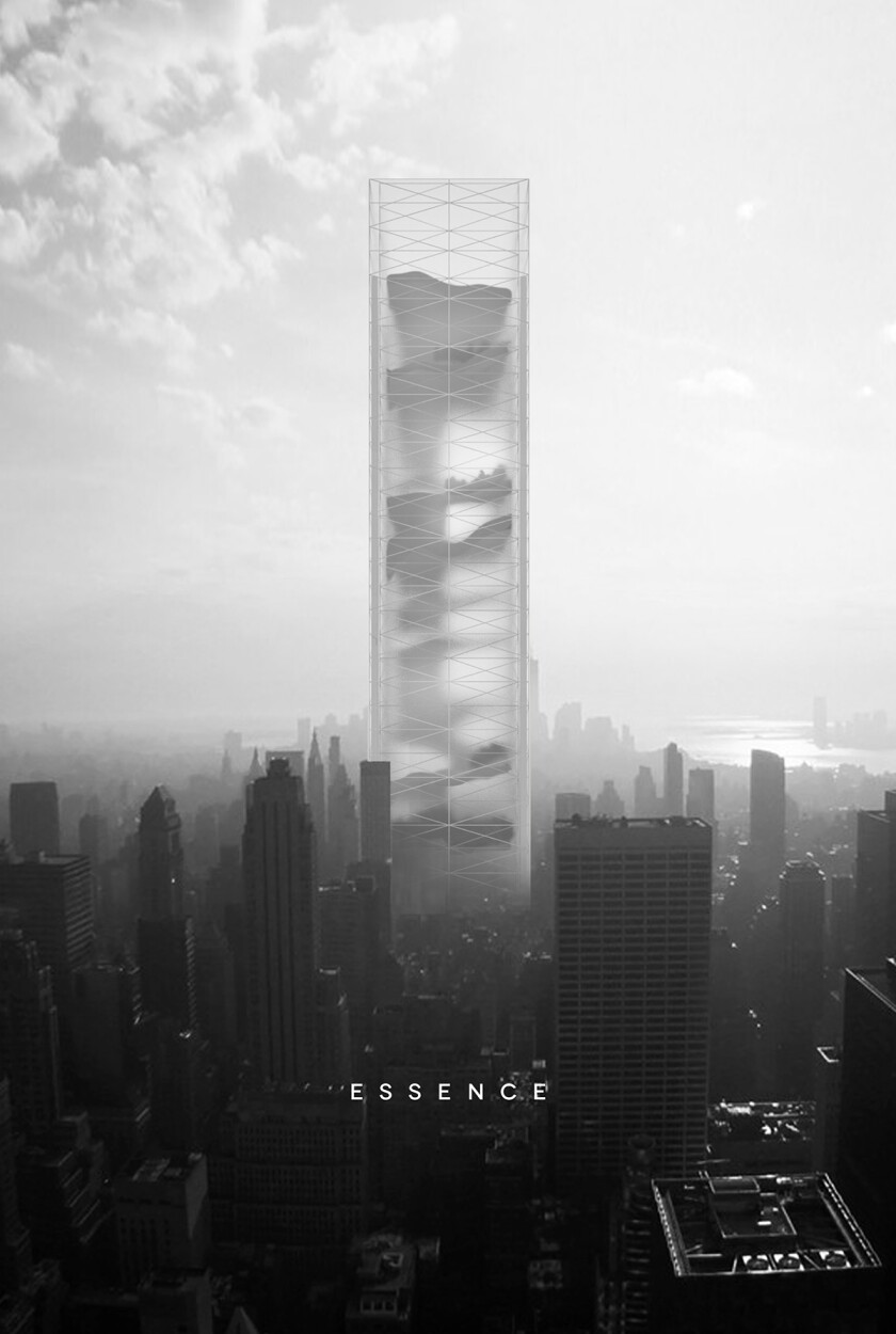 The Essence Skyscraper incorporates 11 different habitats, such as an ocean, jungle, cave and waterfall