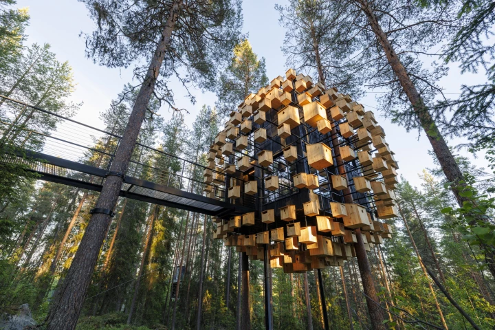 The Biosphere is located in a forest in Sweden's Treehotel project in Swedish Lapland, near the Arctic Circle