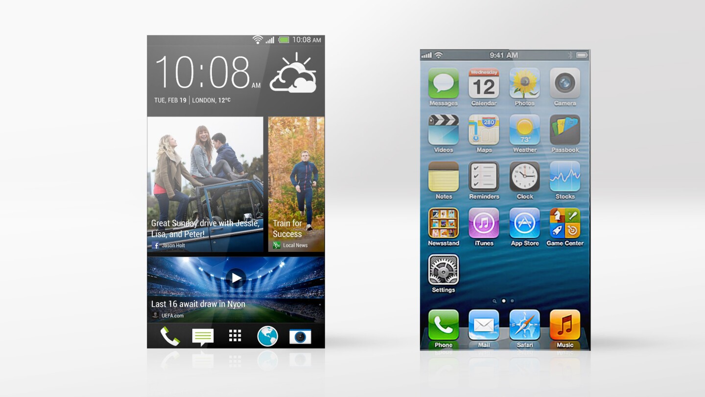 The One runs Android 4.1.2 (with Sense overlaid), while the iPhone runs iOS 6.1.2
