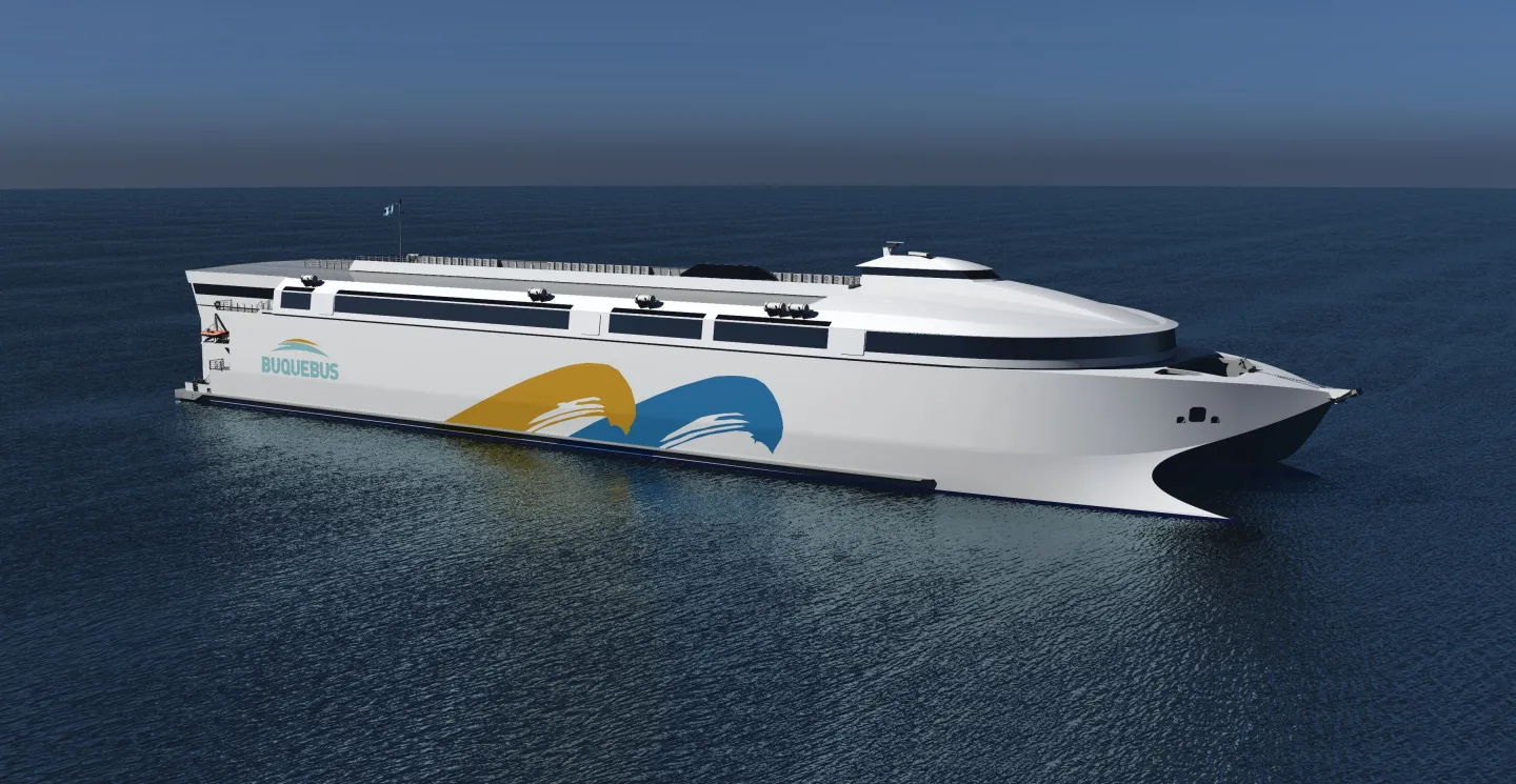 This early render of the world's largest battery electric ferry isn't too far off the vessel now entering harbor trials in Hobart