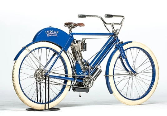 Indian and indeed America's first production motorcycle was the Camelback, a 250cc F-head single-cylinder used as the rear member of the diamond frame and the camelback tank segmented for gas and oil. Only a few Camelbacks have sold at auction in recent times with the record price being a 1901 model which sold for US$133,500 at Bonhams Las Vegas sale in January, 2011. This 1906 Indian Camelback Single is estimated to sell for between $95,000 and $125,000.