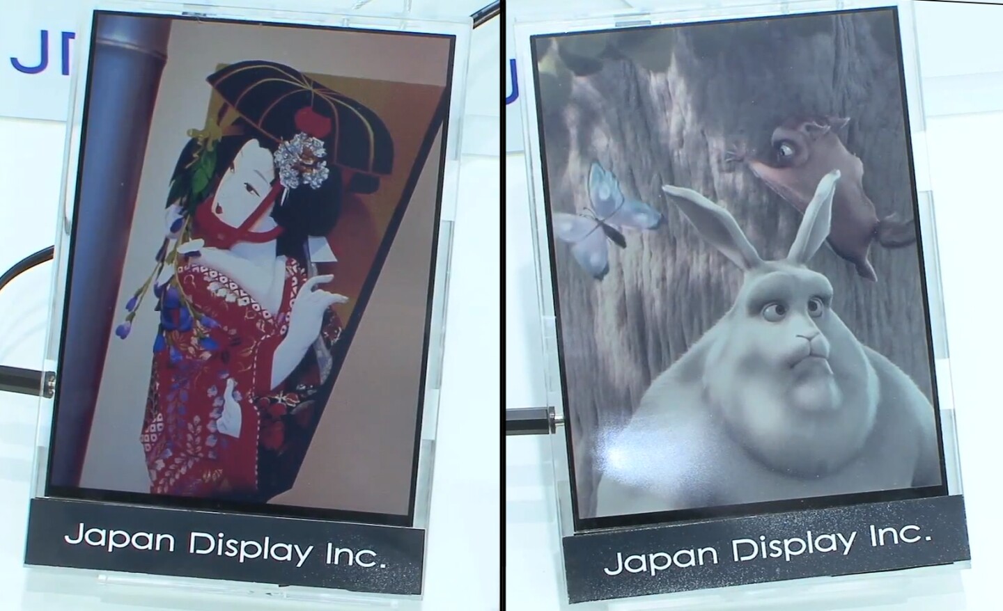 The high color gamut version (left) alongside the conventional version (right) of Japan Display's reflective LCD