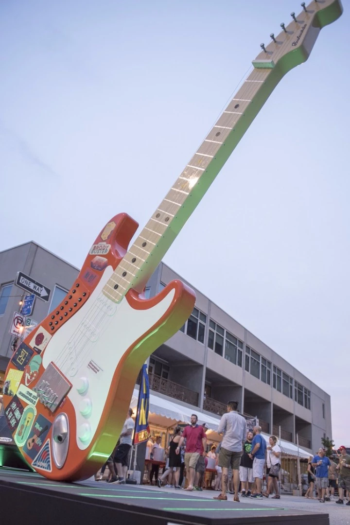 A 12-foot tall, 500 lb playable guitar at the entrance to the Boulevardia festival earlier this month