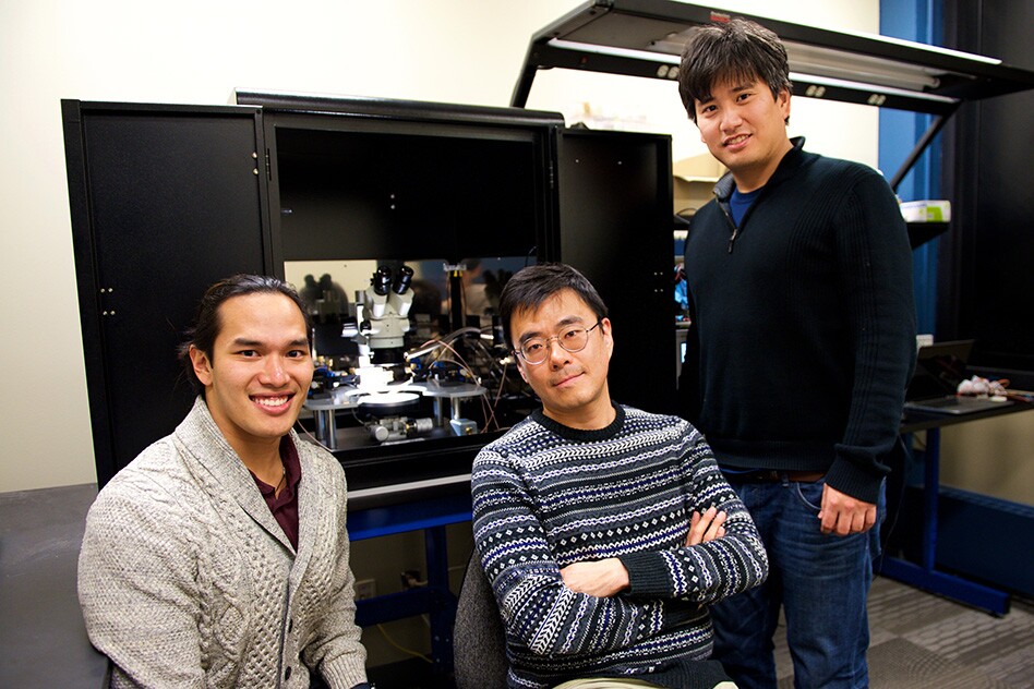 The MIT researchers behind the new neuromorphic chip, from left: Scott H. Tan, Jeehwan Kim, and Shinhyun Choi