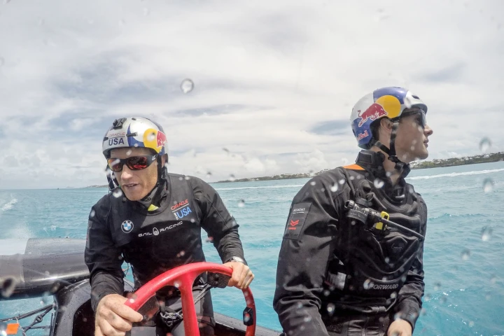 Oracle Team USA skipper Jimmy Spithill at the helm of the practice yacht which, at 45-feet long, measures five feet shorter than the actual competition boat that was recently revealed.